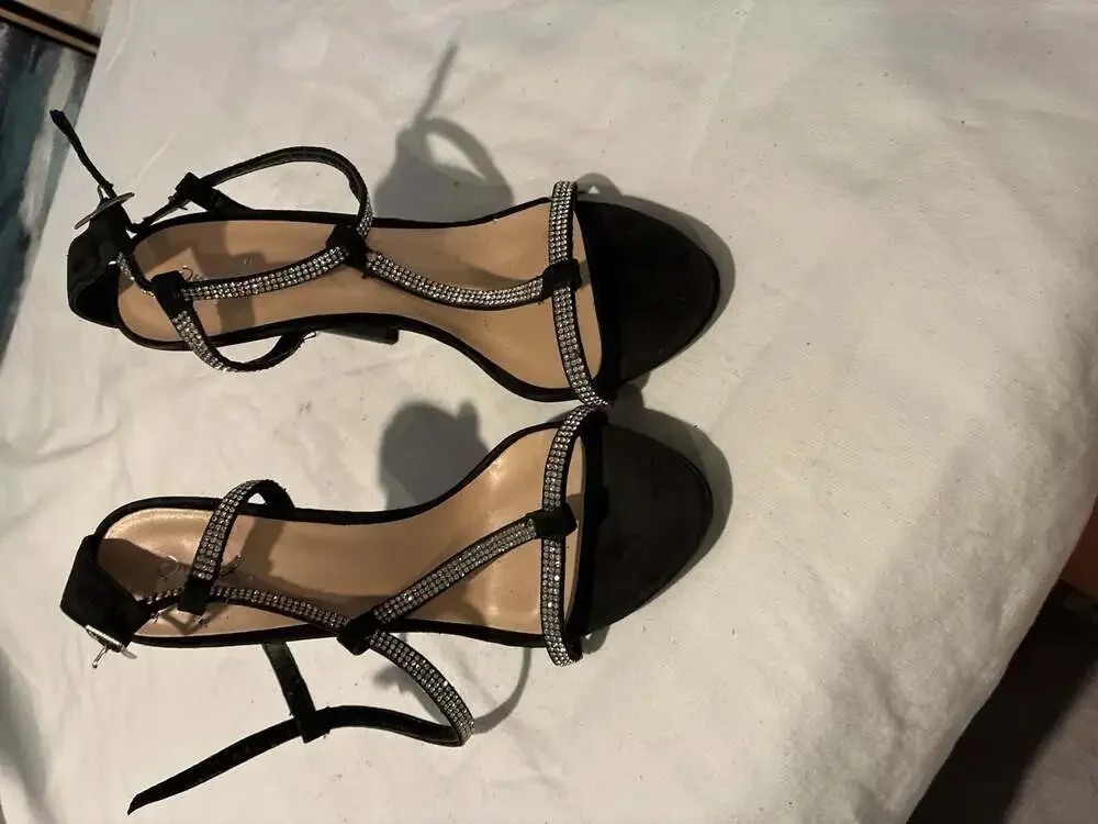 Cupid Women's Black Rhinestone Embellished Ankle Strap Stiletto Sandals